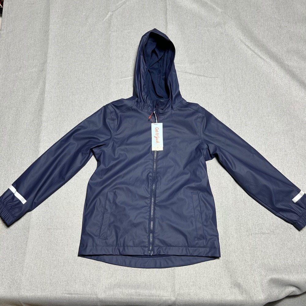 Cat & Jack Boys Rain Jacket Size M 8 Navy Blue Hooded Water Wind Resistant NWT